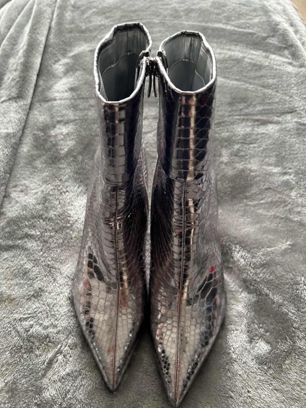Nine West Metallic Snake-Embossed Pointed Toe Ankle Booties - Silver